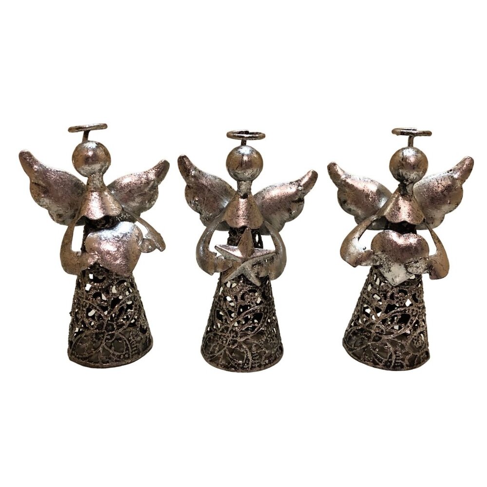 Set Of 3 Vintage and Handcrafted Silver Angel Figurines with Intricate Lace-Like
